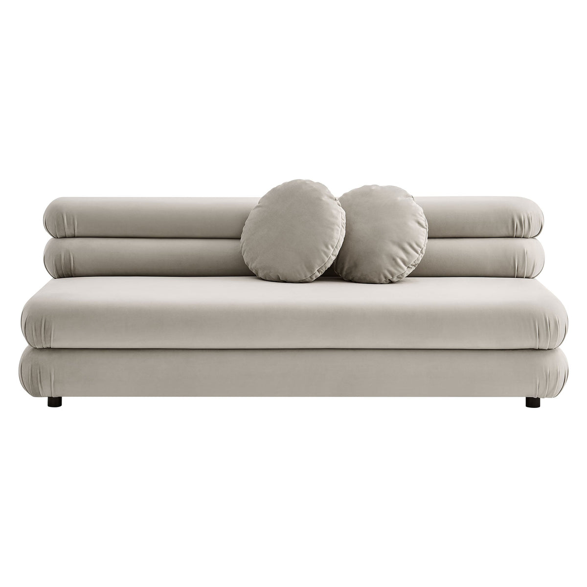 Jubilee Modular Armless Velvet Loveseat in light gray with plush round bolster pillows on Tampa Home & Garden Store
