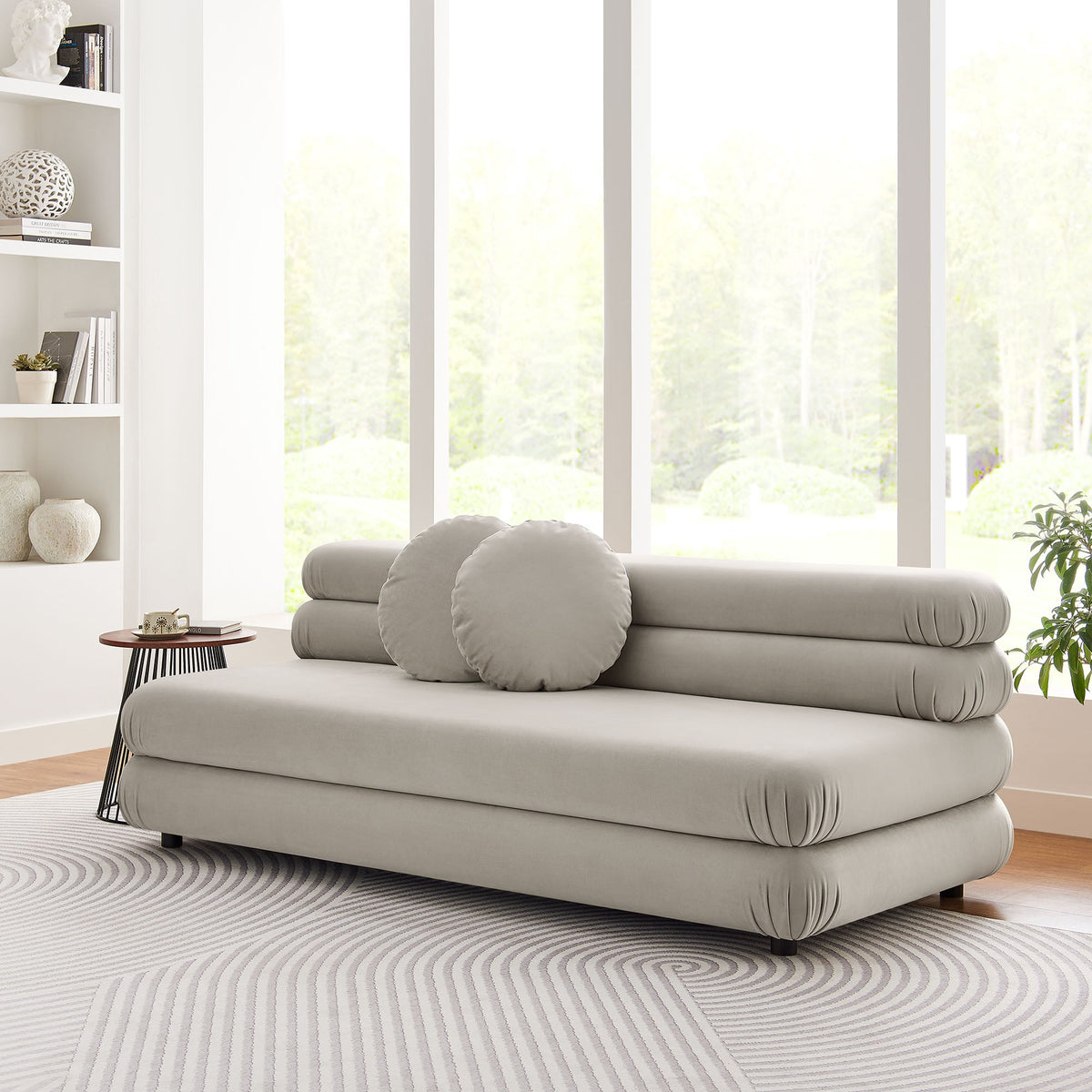 Jubilee modular armless velvet loveseat in light gray with round bolster pillows by Modway on Tampa Home & Garden Store