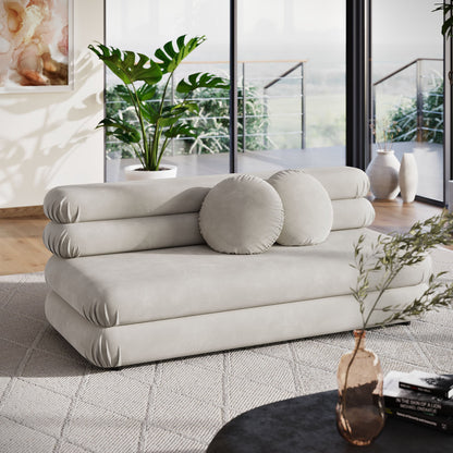 Jubilee modular performance velvet armless loveseat in light gray with plush circular bolsters on Tampa Home & Garden Store