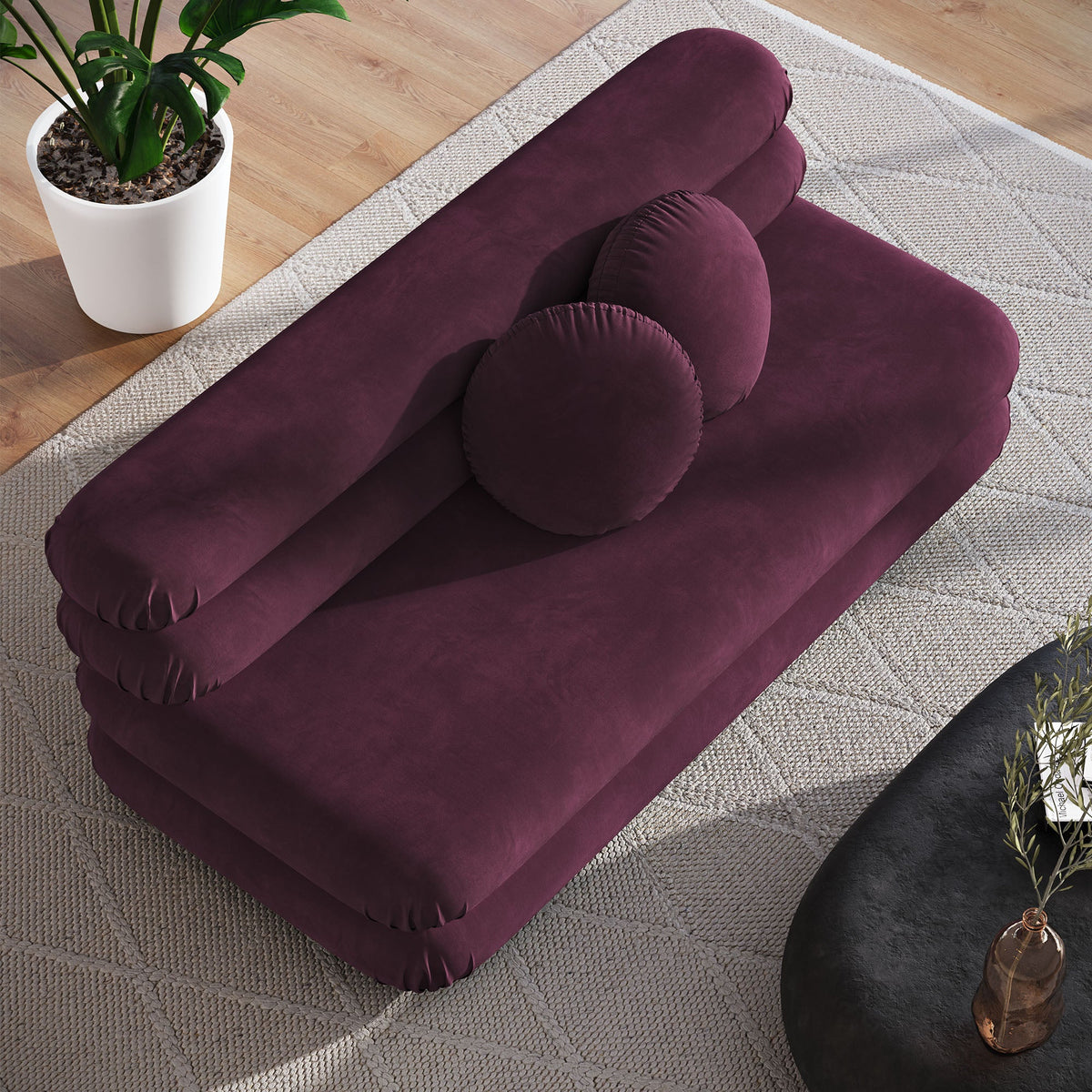 Jubilee modular armless loveseat in deep plum performance velvet with plush bolster pillows on Tampa Home & Garden Store