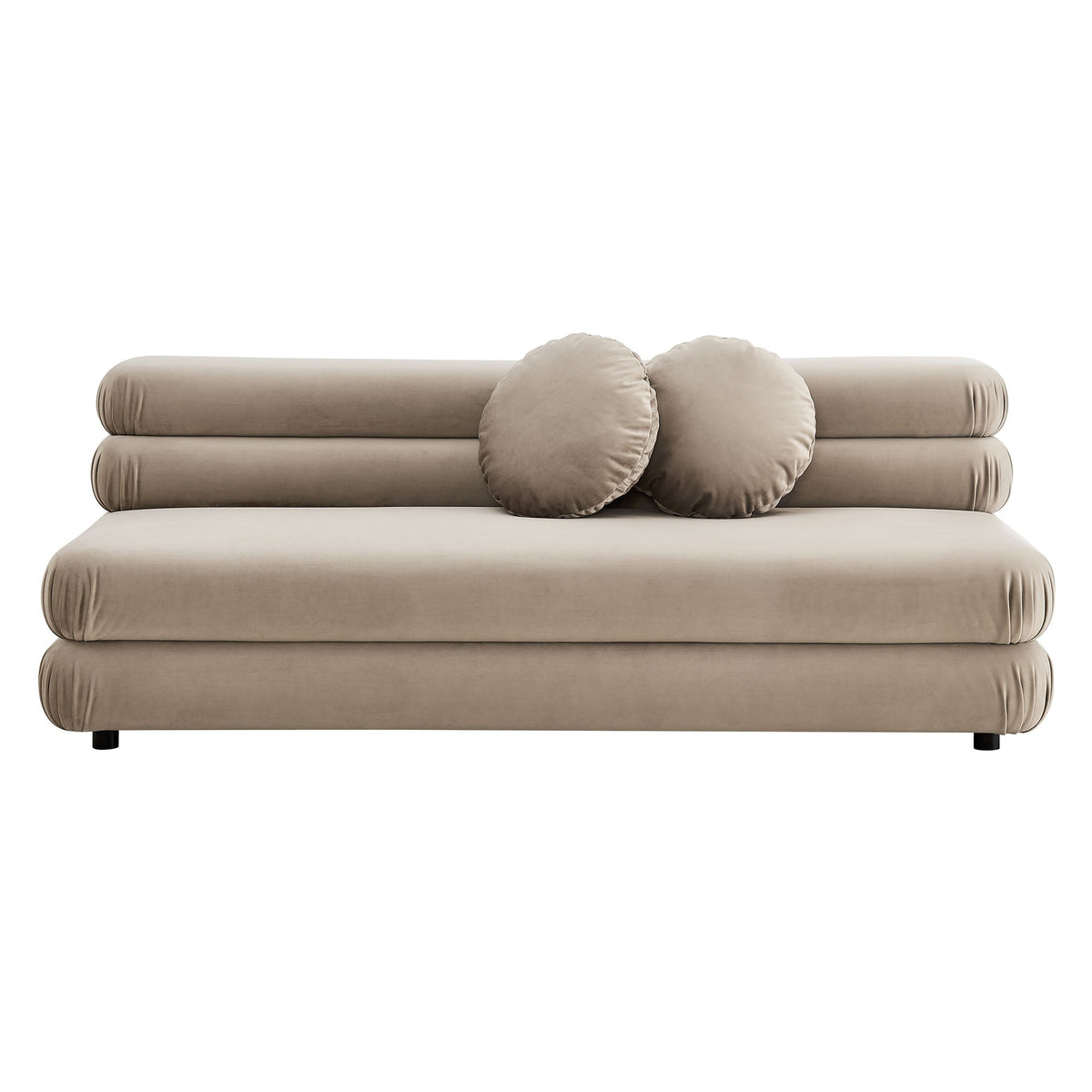 Jubilee modular armless loveseat in taupe performance velvet with round bolster pillows on Tampa Home & Garden Store