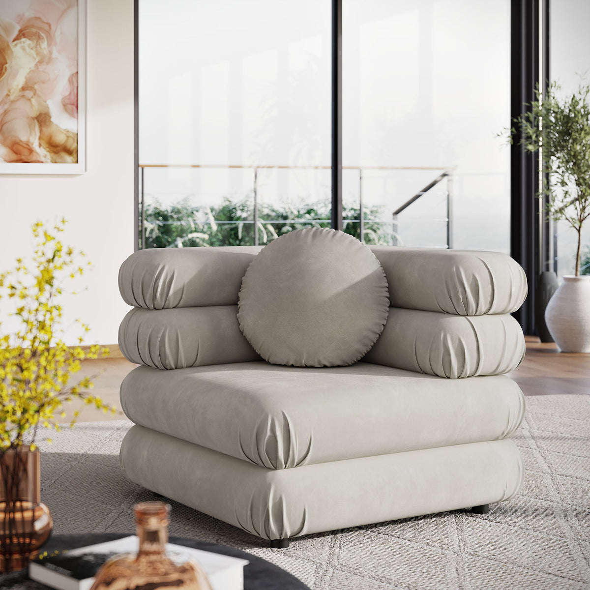 Jubilee modular velvet corner chair light gray with rounded cushions by HouseOfZazla on Tampa Home & Garden Store
