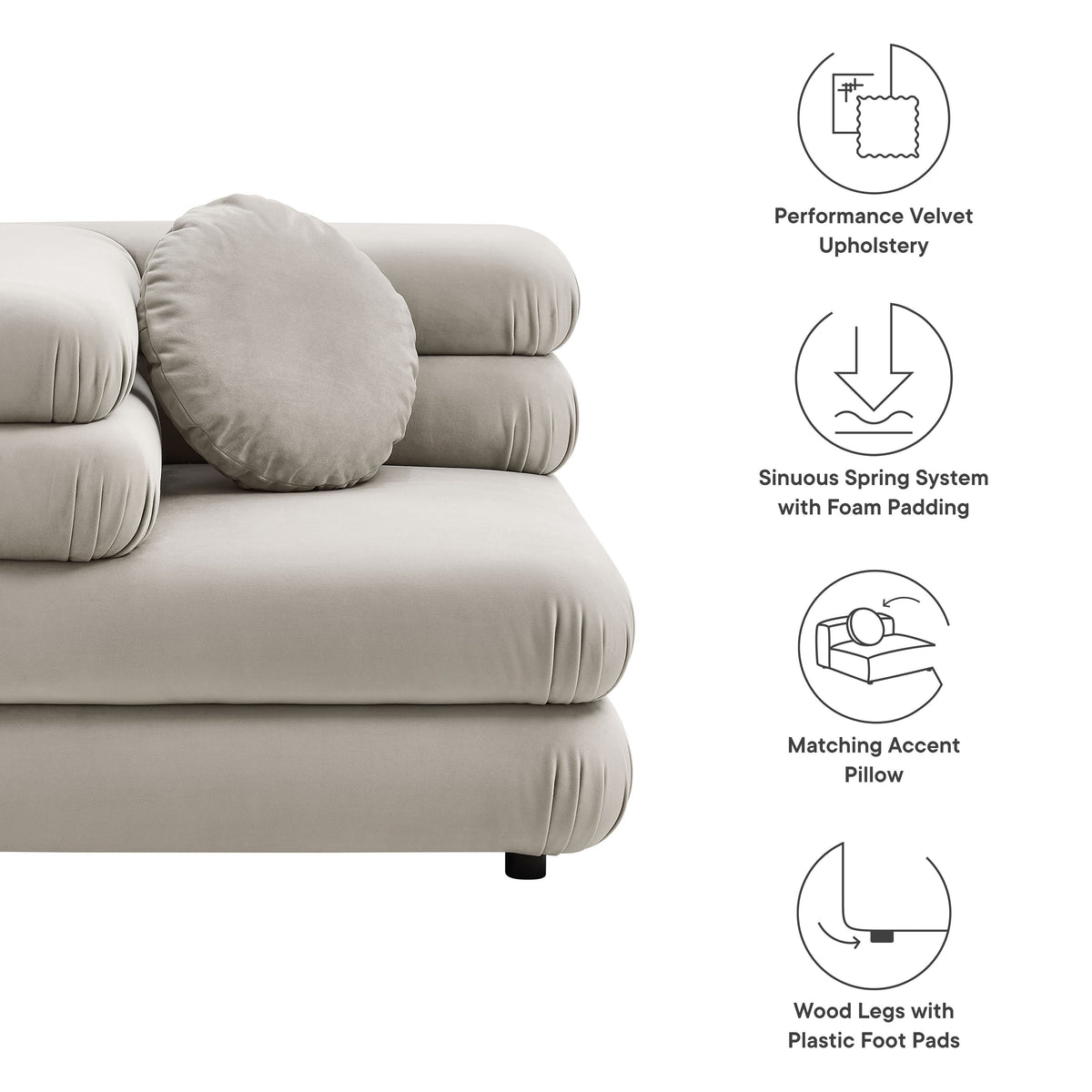 Jubilee Modular Performance Velvet Corner Chair beige velvet upholstery with plush cushions on Tampa Home & Garden Store