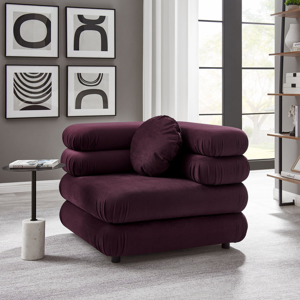 Jubilee modular velvet corner chair in plum by Modway; plush cushions in a living room on Tampa Home & Garden Store