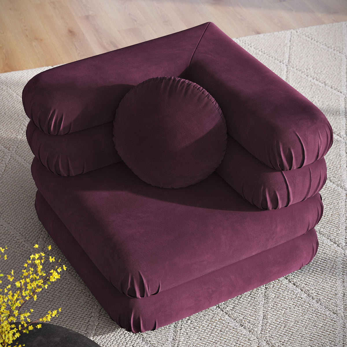 Modway Jubilee modular corner chair in plum performance velvet with cushions on beige rug on Tampa Home & Garden Store