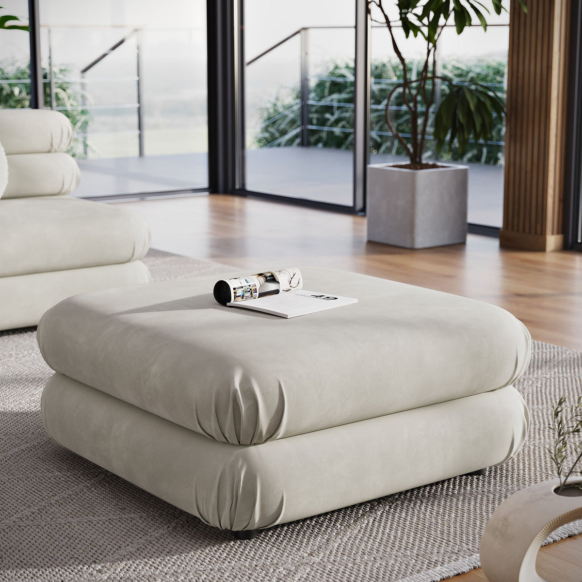 Jubilee modular performance velvet ottoman in light gray, rounded plush upholstery on Tampa Home & Garden Store