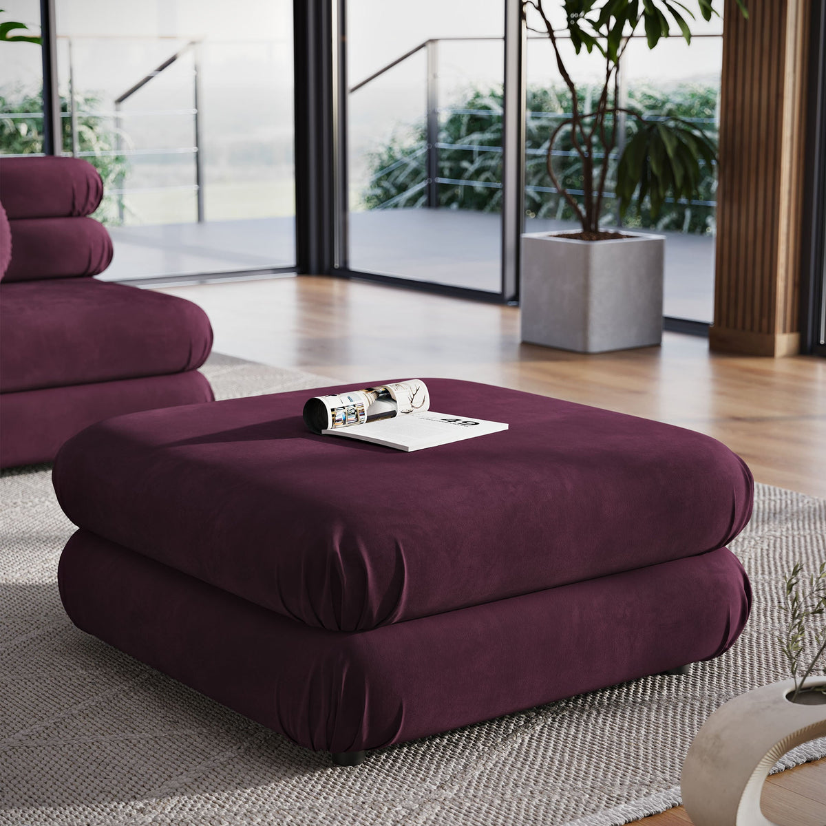 Modway Jubilee modular velvet ottoman in deep plum, 3-piece seating with magazine on Tampa Home & Garden Store