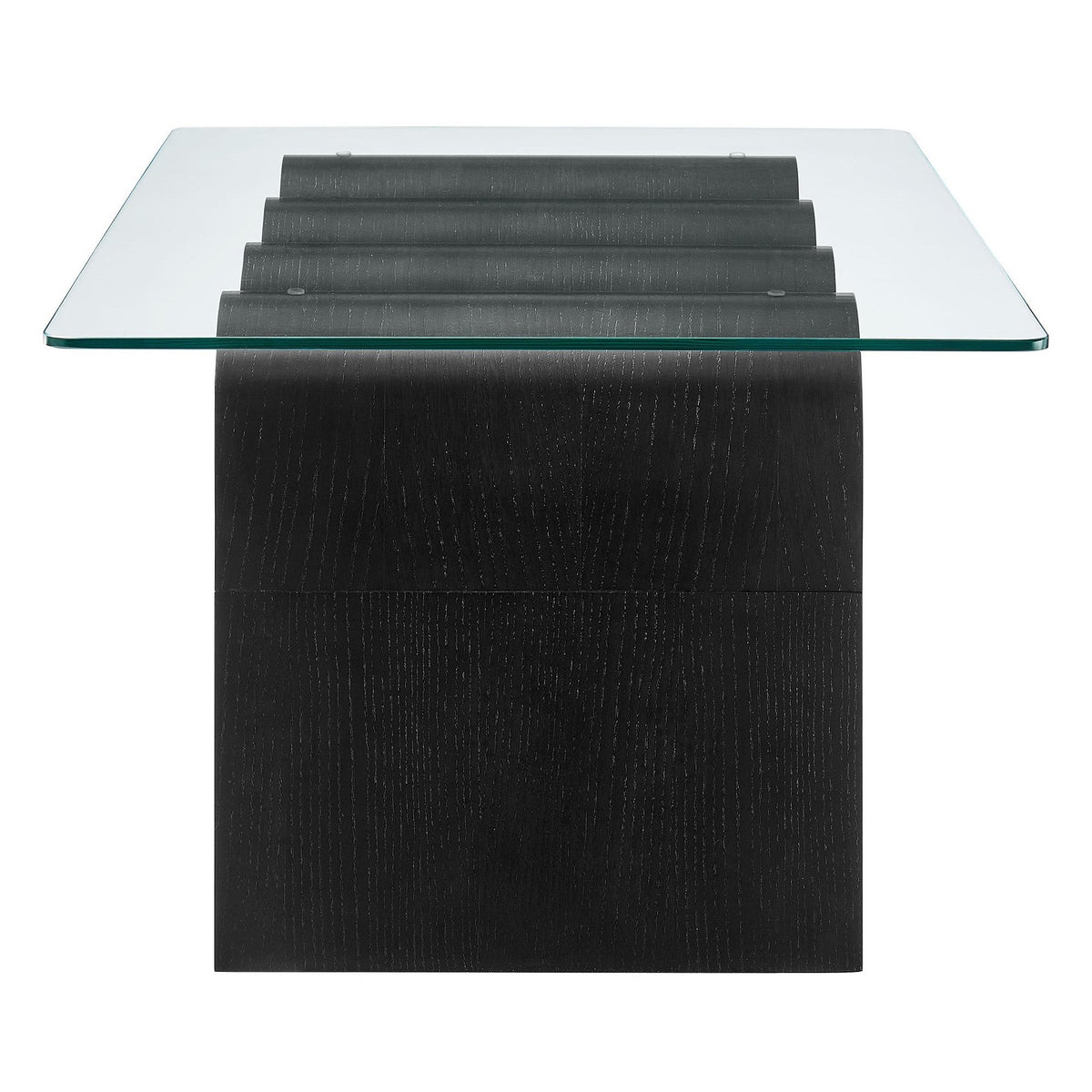 Ondine glass top coffee table with a black stacked curved wood pedestal base on Tampa Home & Garden Store