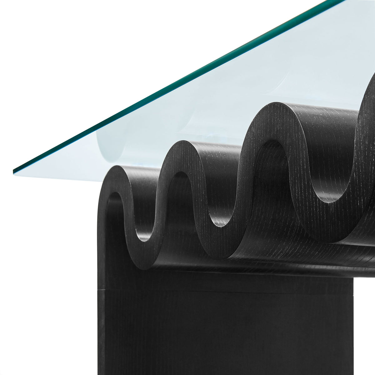 Ondine Glass Top Coffee Table with teal edge and curved black wood pedestal base on Tampa Home & Garden Store