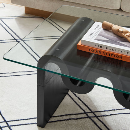Ondine glass top coffee table by Modway with black curved base and clear top, wooden hand on Tampa Home & Garden Store