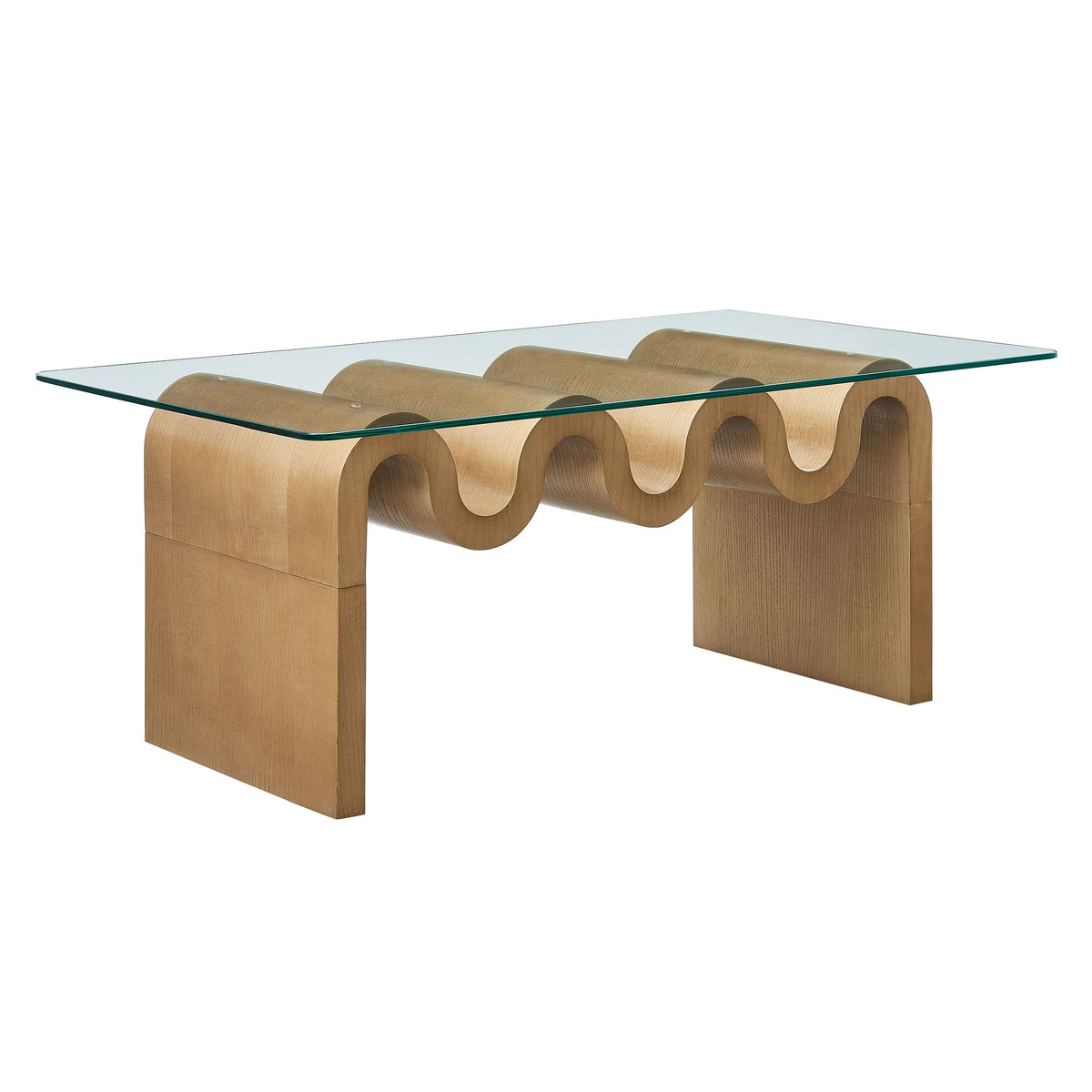 Ondine glass top coffee table with natural light wood curved base on Tampa Home & Garden Store
