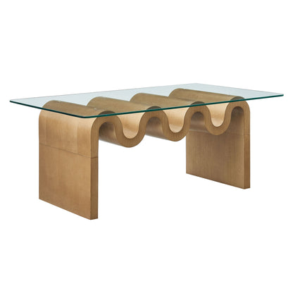 Ondine glass top coffee table with natural light wood curved base on Tampa Home & Garden Store