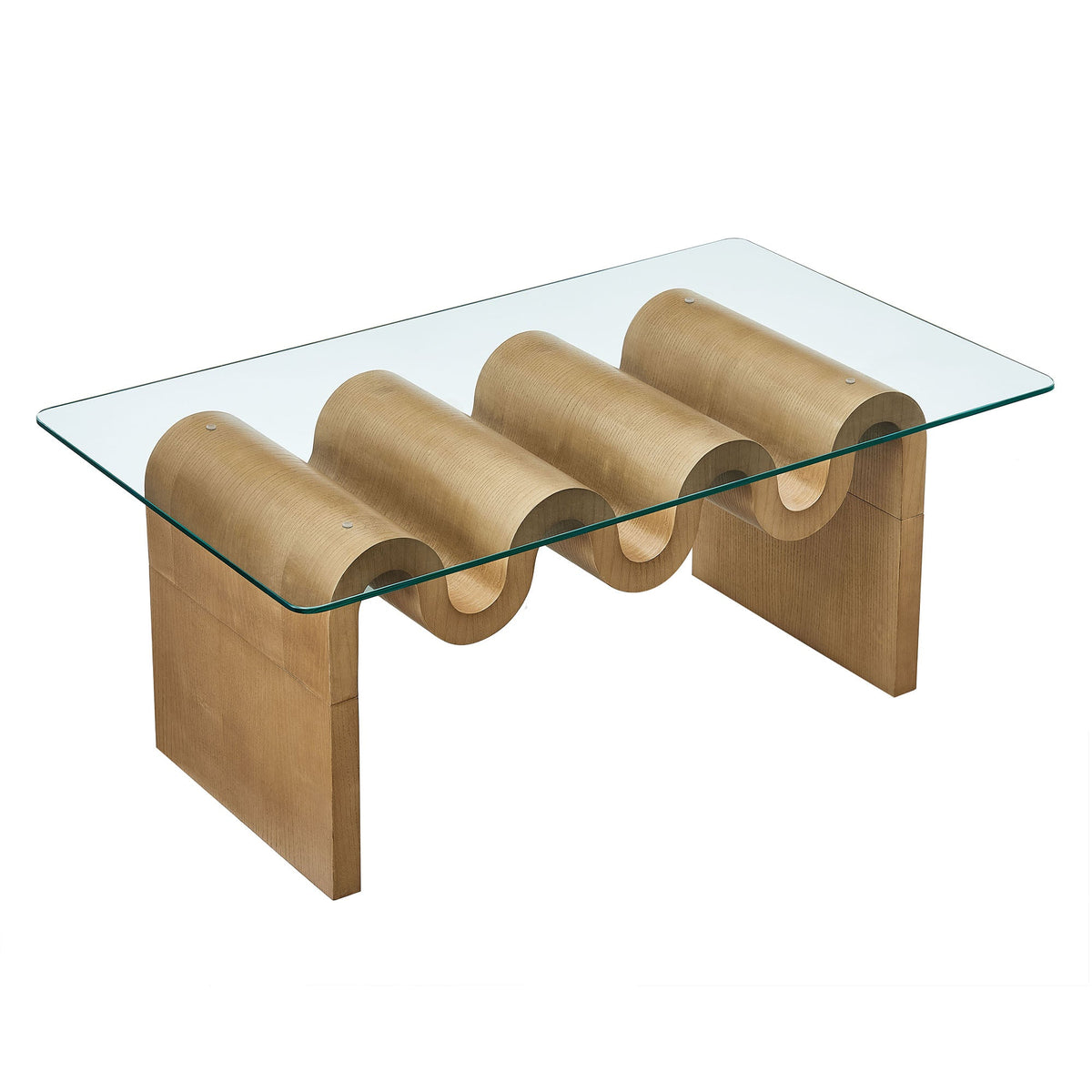 Ondine glass-top coffee table from HouseOfZazla with curved wooden loop bases on Tampa Home & Garden Store