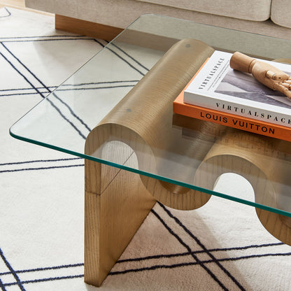 Ondine glass top coffee table by Modway with natural wood curved legs on Tampa Home & Garden Store