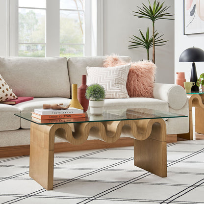 Ondine glass top coffee table by Modway; natural wood base with circular cutouts on Tampa Home & Garden Store