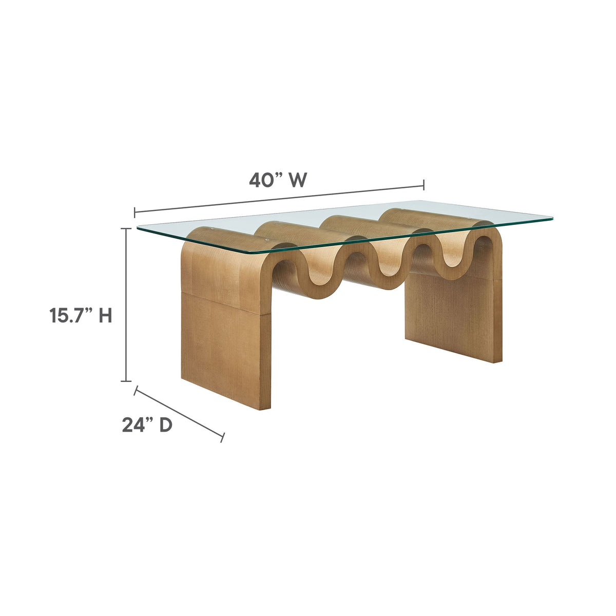 Ondine glass top coffee table with curved wooden base, 40W x 24D on Tampa Home & Garden Store