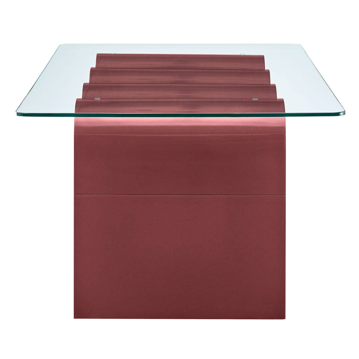 Ondine glass-top coffee table with a red ribbed pedestal base on Tampa Home & Garden Store