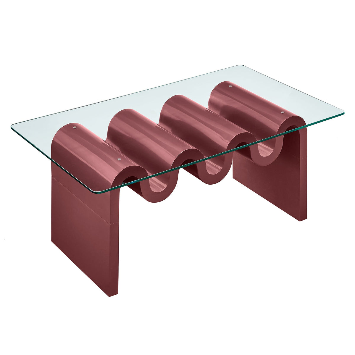 Ondine glass top coffee table with burgundy curved loop base and clear glass top on Tampa Home & Garden Store