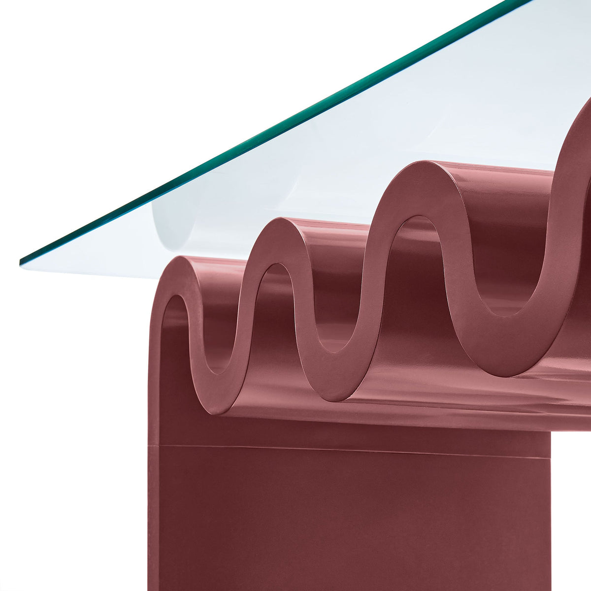 Ondine glass top coffee table by Modway with burgundy curved metal base on Tampa Home & Garden Store