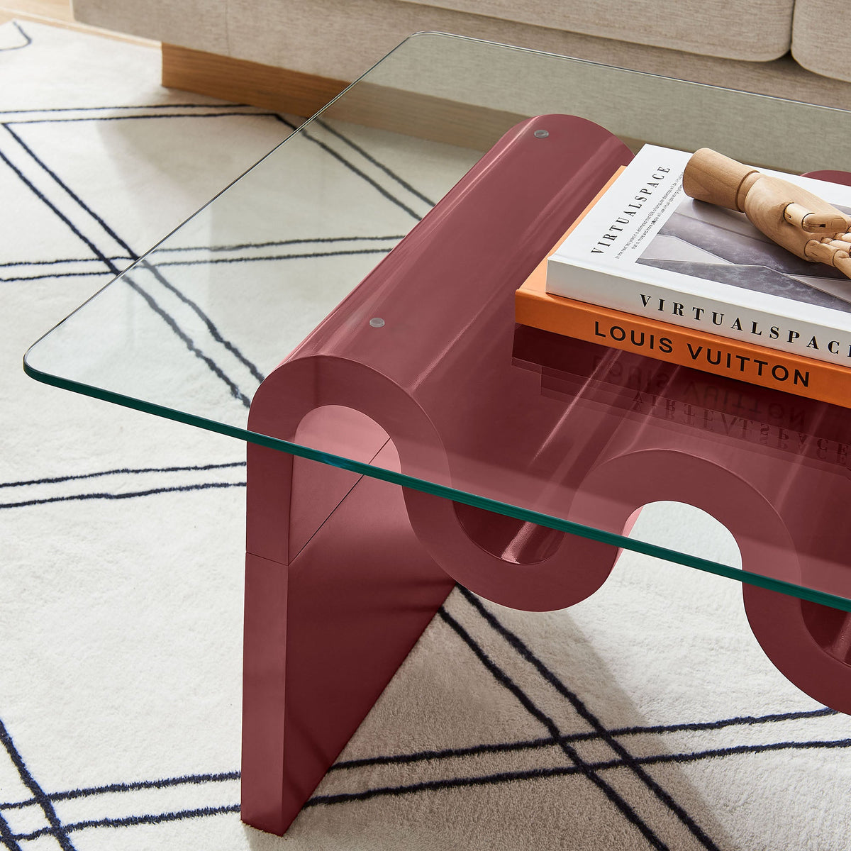 Ondine glass top coffee table by Modway, pink cylindrical base, clear surface, on Tampa Home & Garden Store