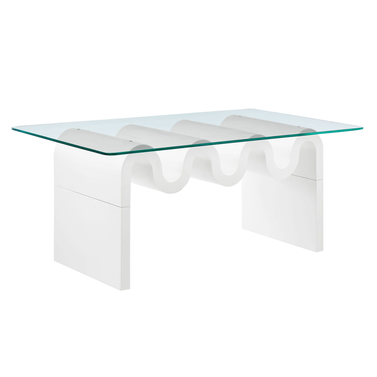 Ondine glass top coffee table with white sculptural base and teal-tinted edge on Tampa Home & Garden Store