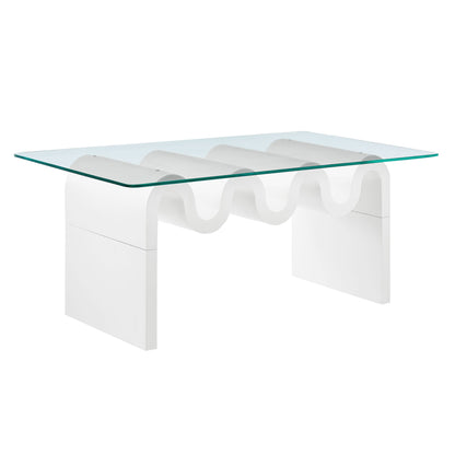 Ondine glass top coffee table with white sculptural base and teal-tinted edge on Tampa Home & Garden Store