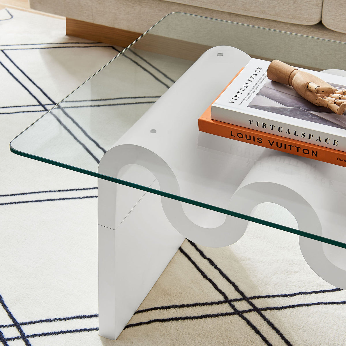 Ondine glass top coffee table by Modway, pedestal with circular cutouts and clear glass top on Tampa Home & Garden Store