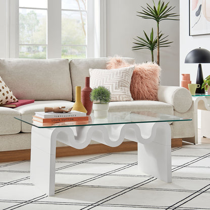 Ondine glass top coffee table by Modway; white sculptural base with circular cutouts on Tampa Home & Garden Store
