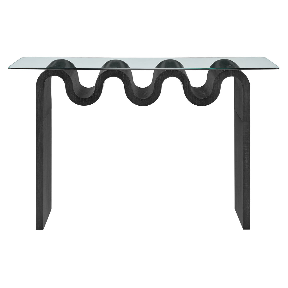 Ondine Glass Top 50in Console Table with a black sculptural curved loop base on Tampa Home & Garden Store
