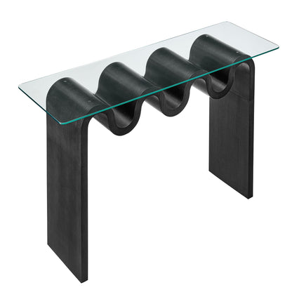 Ondine Glass Top 50-inch Console Table with sculptural black wood base on Tampa Home & Garden Store