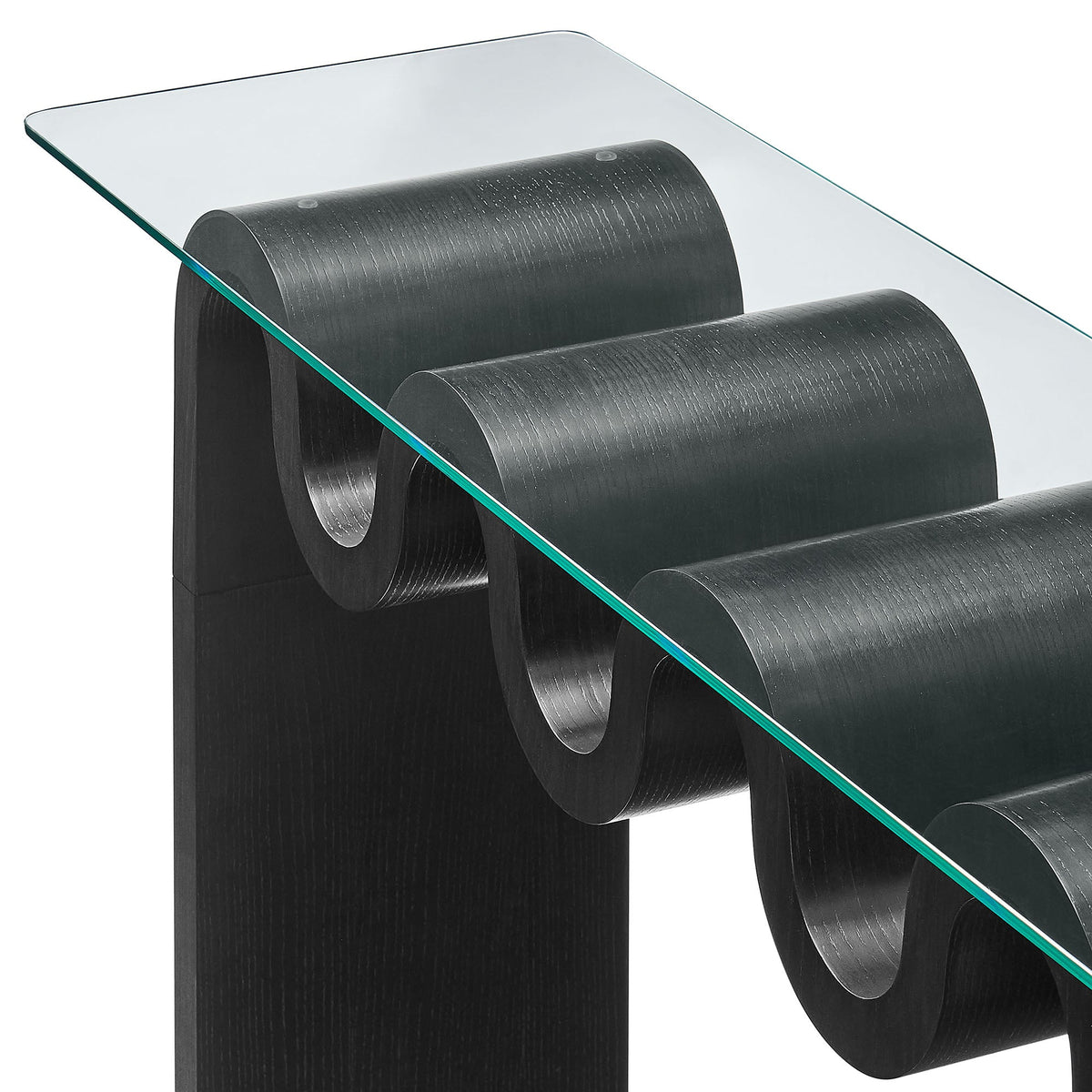 Ondine Glass Top 50in Console Table with black curved wood base and glass top on Tampa Home & Garden Store