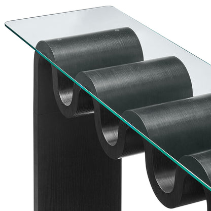 Ondine Glass Top 50in Console Table with black curved wood base and glass top on Tampa Home & Garden Store