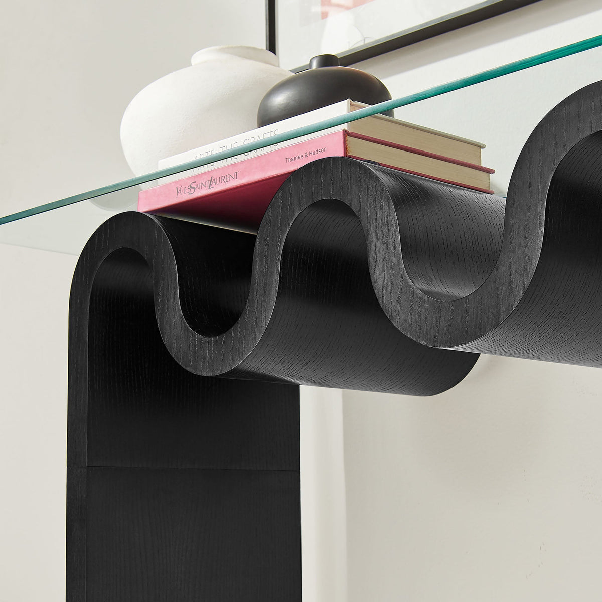 Ondine Glass Top 50-inch Console Table by Modway in black curved wood base with glass top on Tampa Home & Garden Store