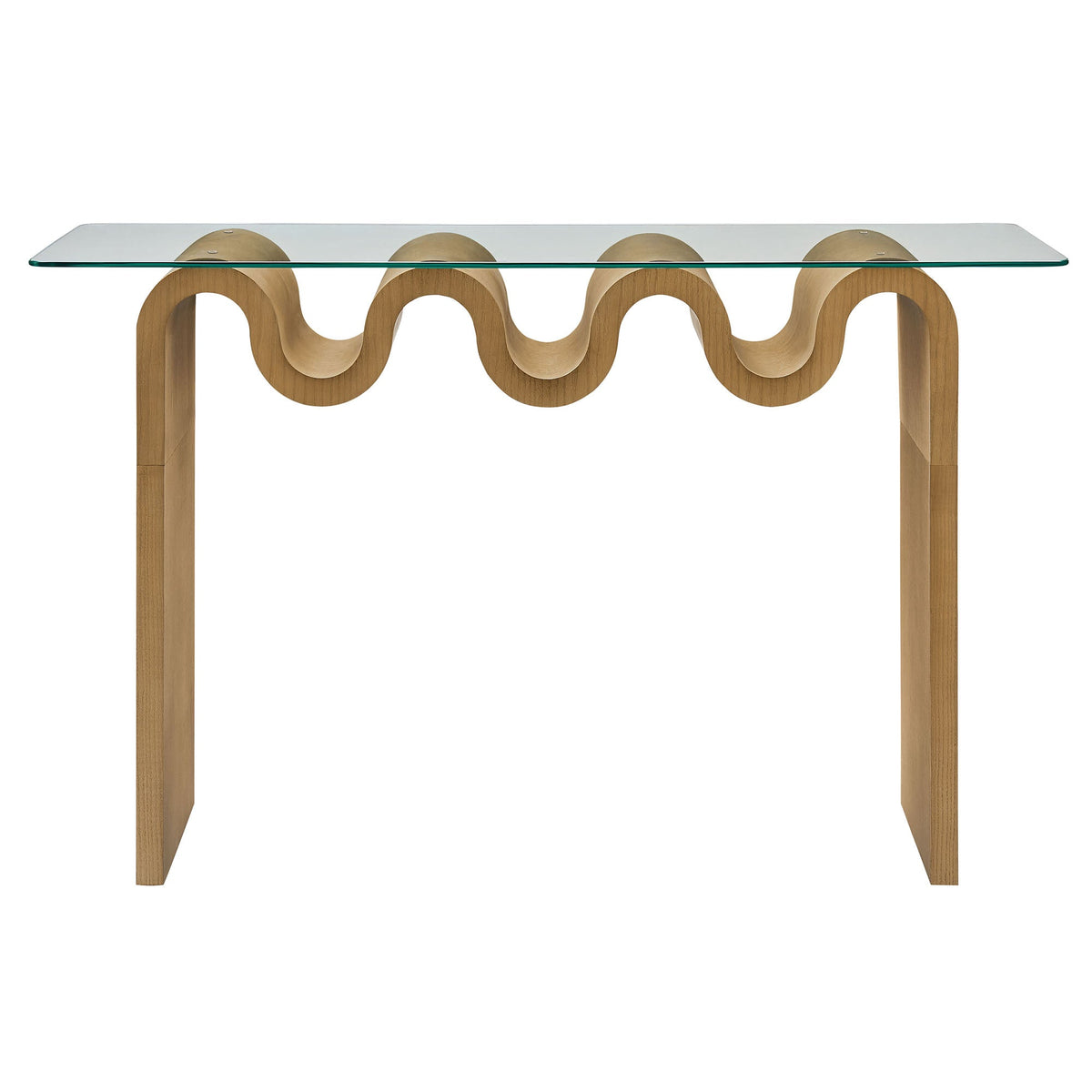 Ondine glass-top 50in console table with sculpted natural wood curved base by HouseOfZazla on Tampa Home & Garden Store