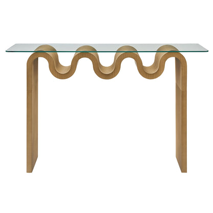 Ondine glass-top 50in console table with sculpted natural wood curved base by HouseOfZazla on Tampa Home & Garden Store