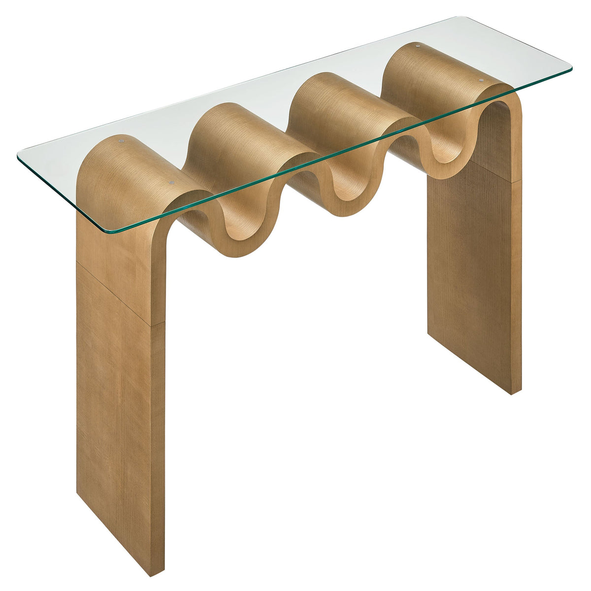 Ondine glass-top 50-inch console table with sculpted curved wood base on Tampa Home & Garden Store