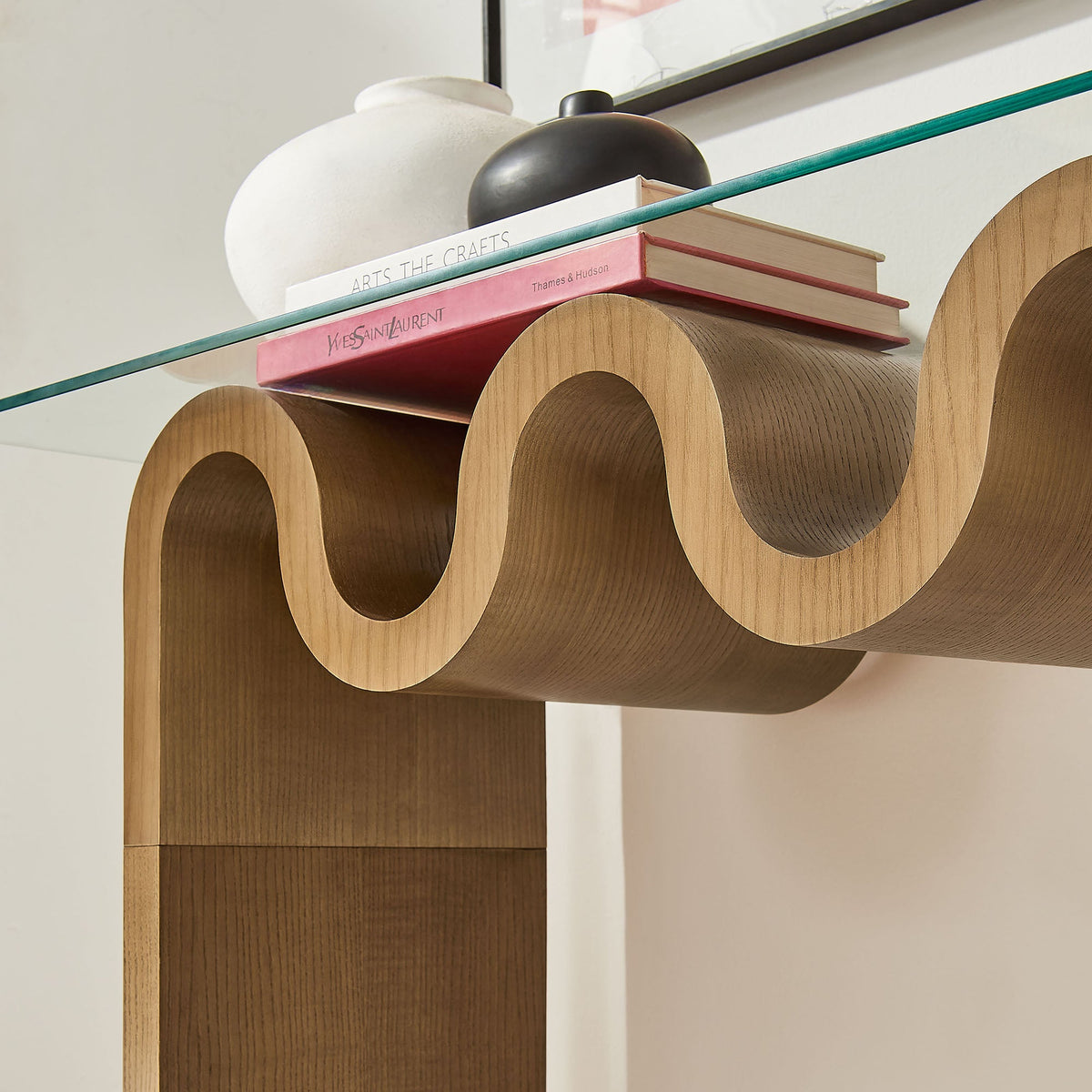 Ondine Glass Top 50in Console Table by Modway with sculpted circular wood base on Tampa Home & Garden Store