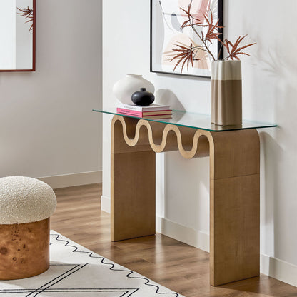 Ondine glass-top 50-inch console table by Modway with sculptural curved wood base on Tampa Home & Garden Store