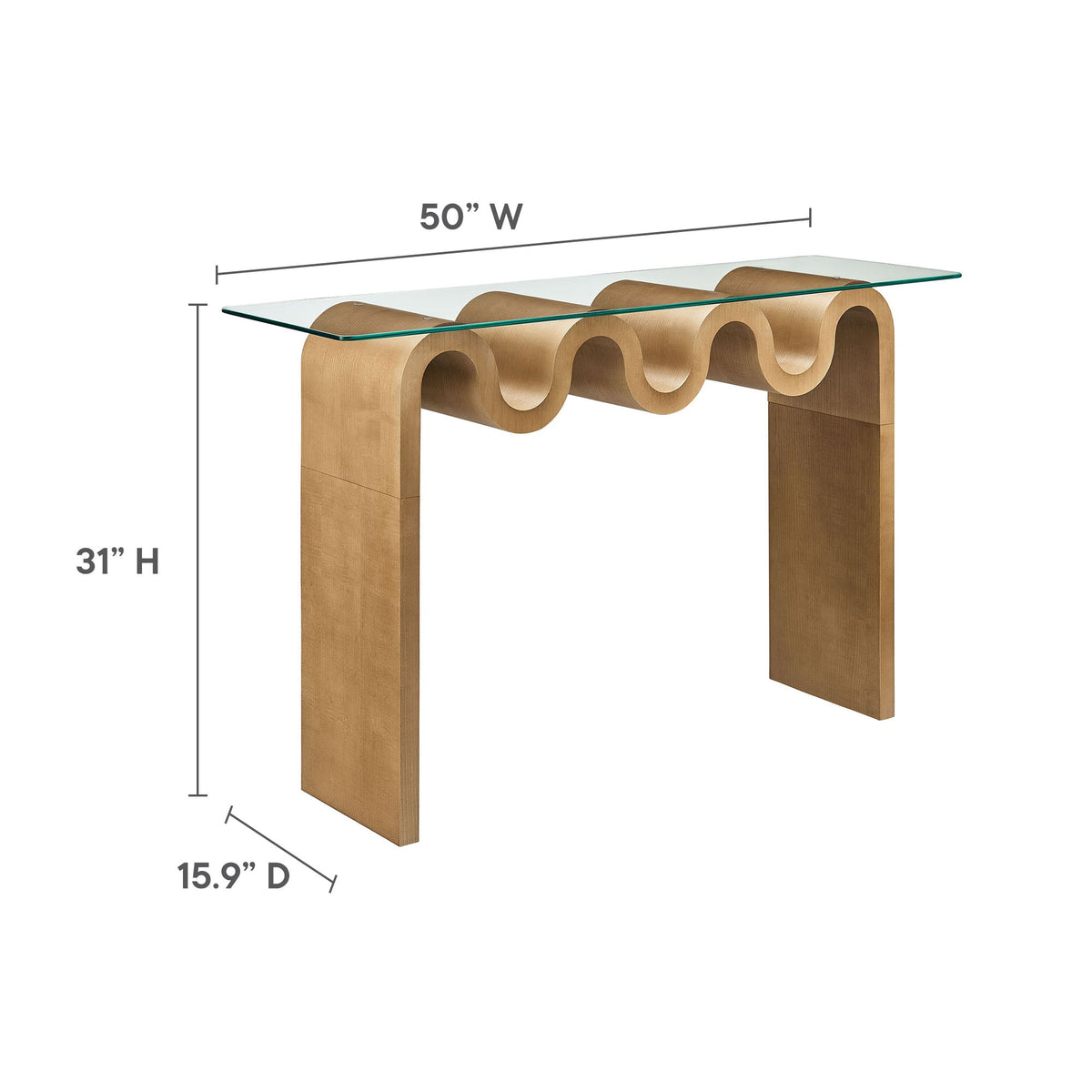 Ondine Glass Top 50in Console Table by Modway, natural wood curved base and glass surface on Tampa Home & Garden Store