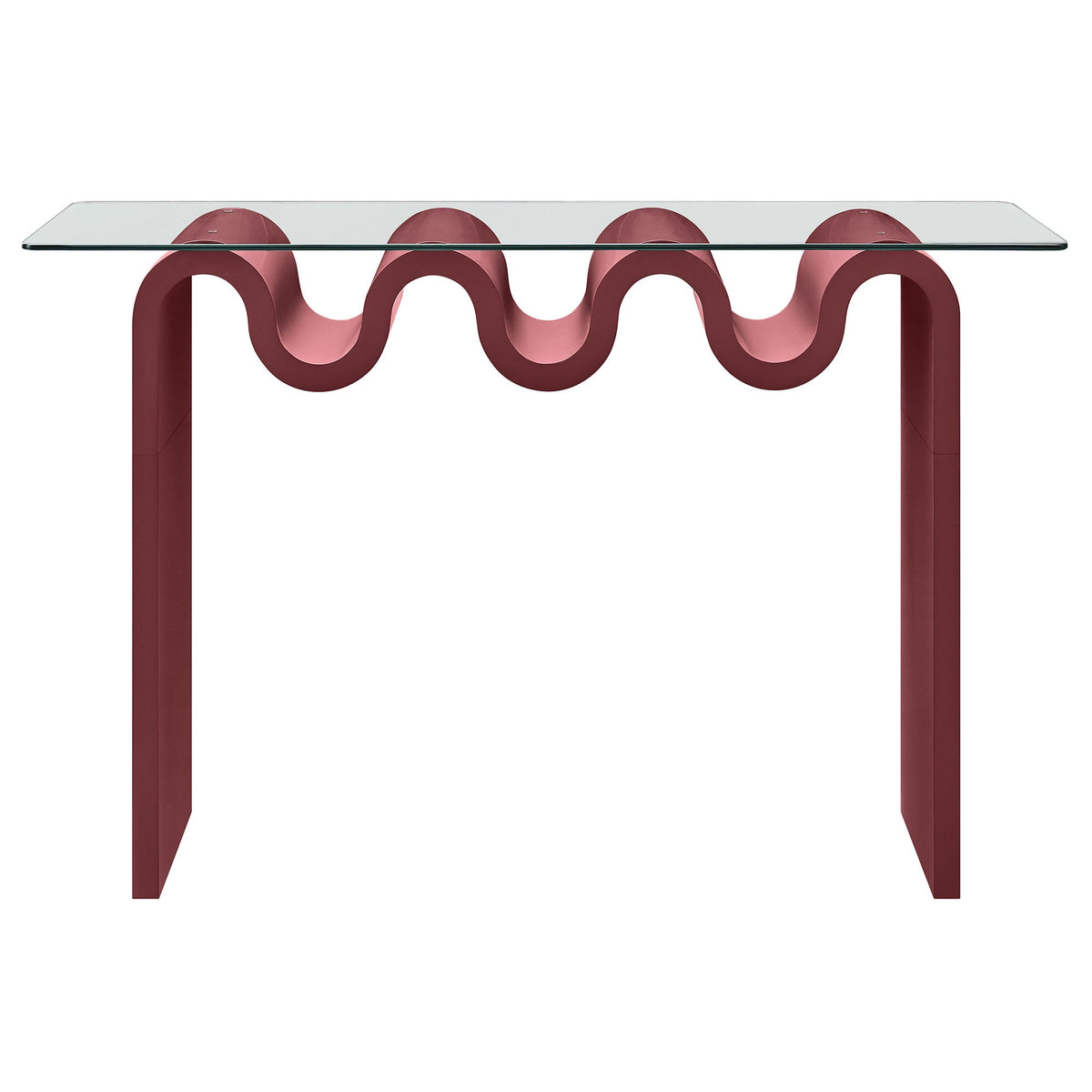 Ondine glass-top 50-inch console table by Modway with red curved legs and glass top on Tampa Home & Garden Store
