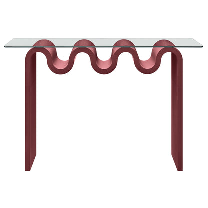 Ondine glass-top 50-inch console table by Modway with red curved legs and glass top on Tampa Home & Garden Store