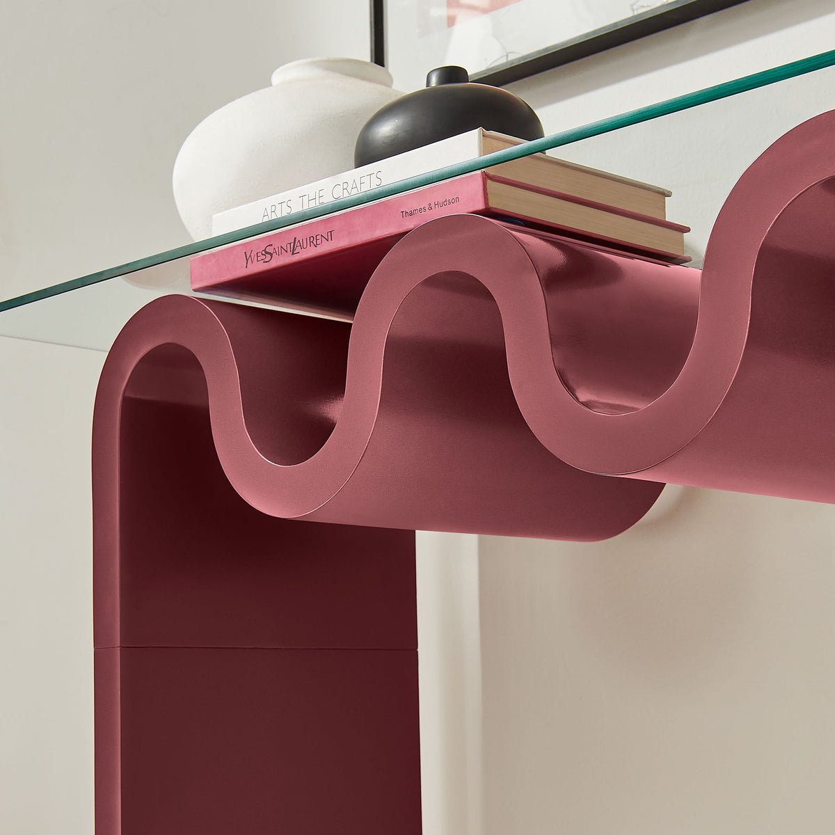 Ondine Glass Top 50in Console Table by Modway with pink curved metal frame and glass top on Tampa Home & Garden Store