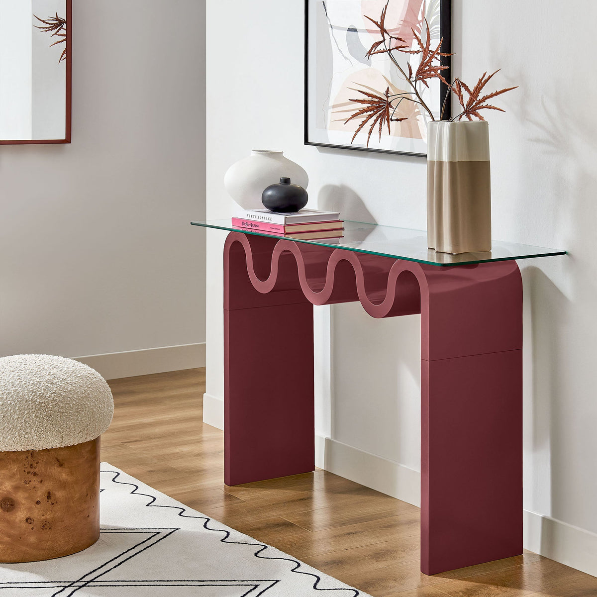 Ondine Glass Top 50in Console Table by Modway, glass top with maroon sculpted base on Tampa Home & Garden Store