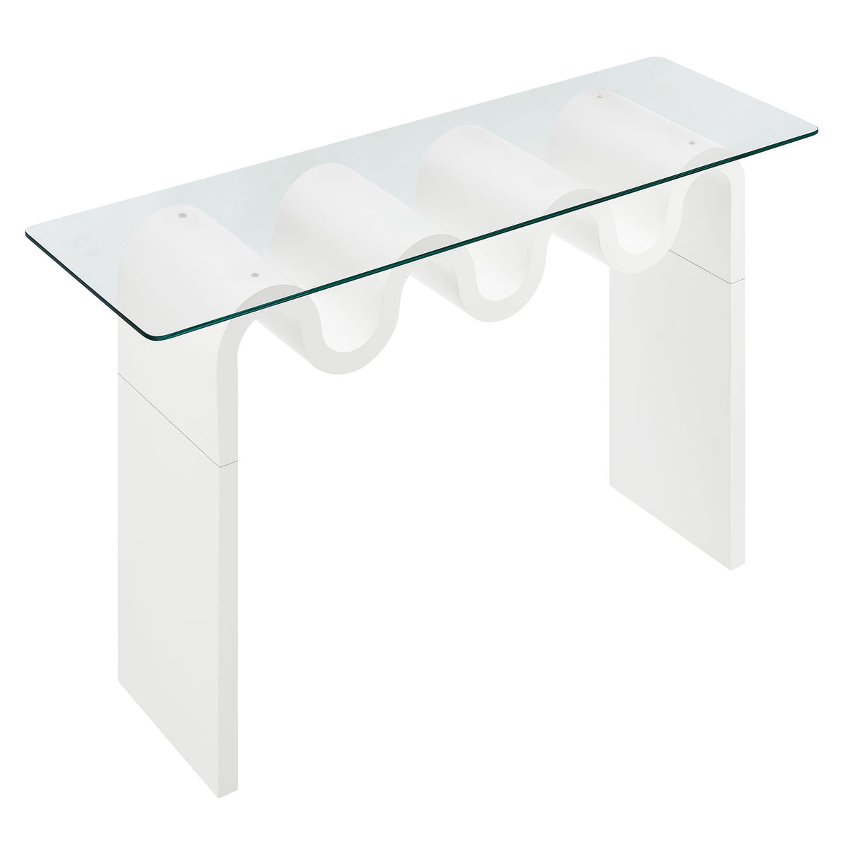 Ondine glass-top 50in console table with white curved base and clear glass top on Tampa Home & Garden Store