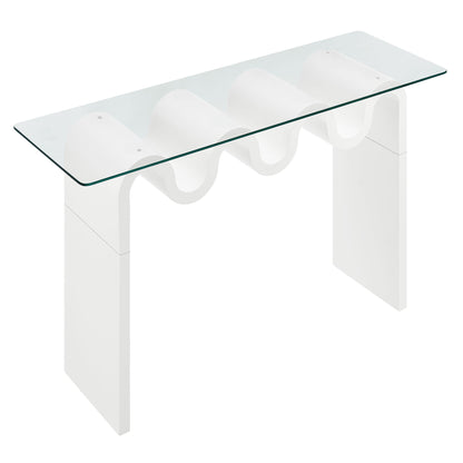 Ondine glass-top 50in console table with white curved base and clear glass top on Tampa Home & Garden Store