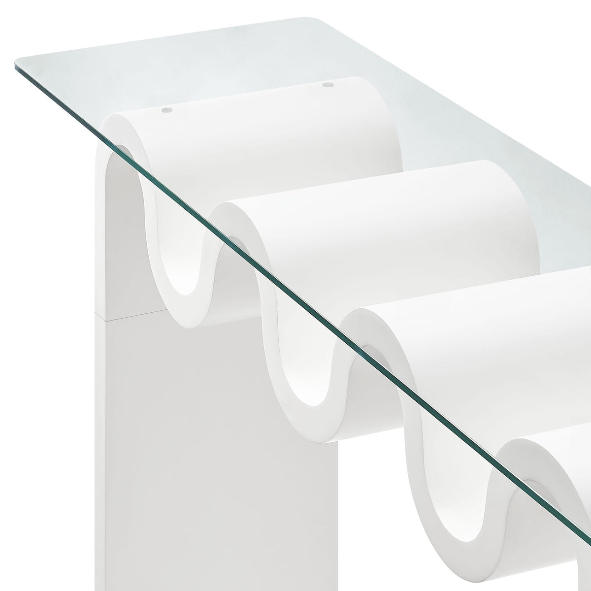Ondine glass-top 50-inch console table by Modway with white curved base and clear glass top on Tampa Home & Garden Store