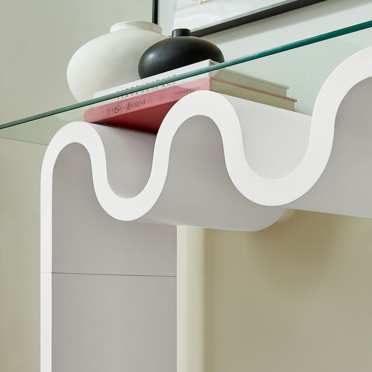 Ondine Glass Top 50in Console Table by Modway with white sculptural base on Tampa Home & Garden Store