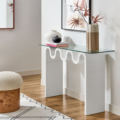 Ondine glass-top 50in console table by Modway with a sculptural white base and clear surface on Tampa Home & Garden Store