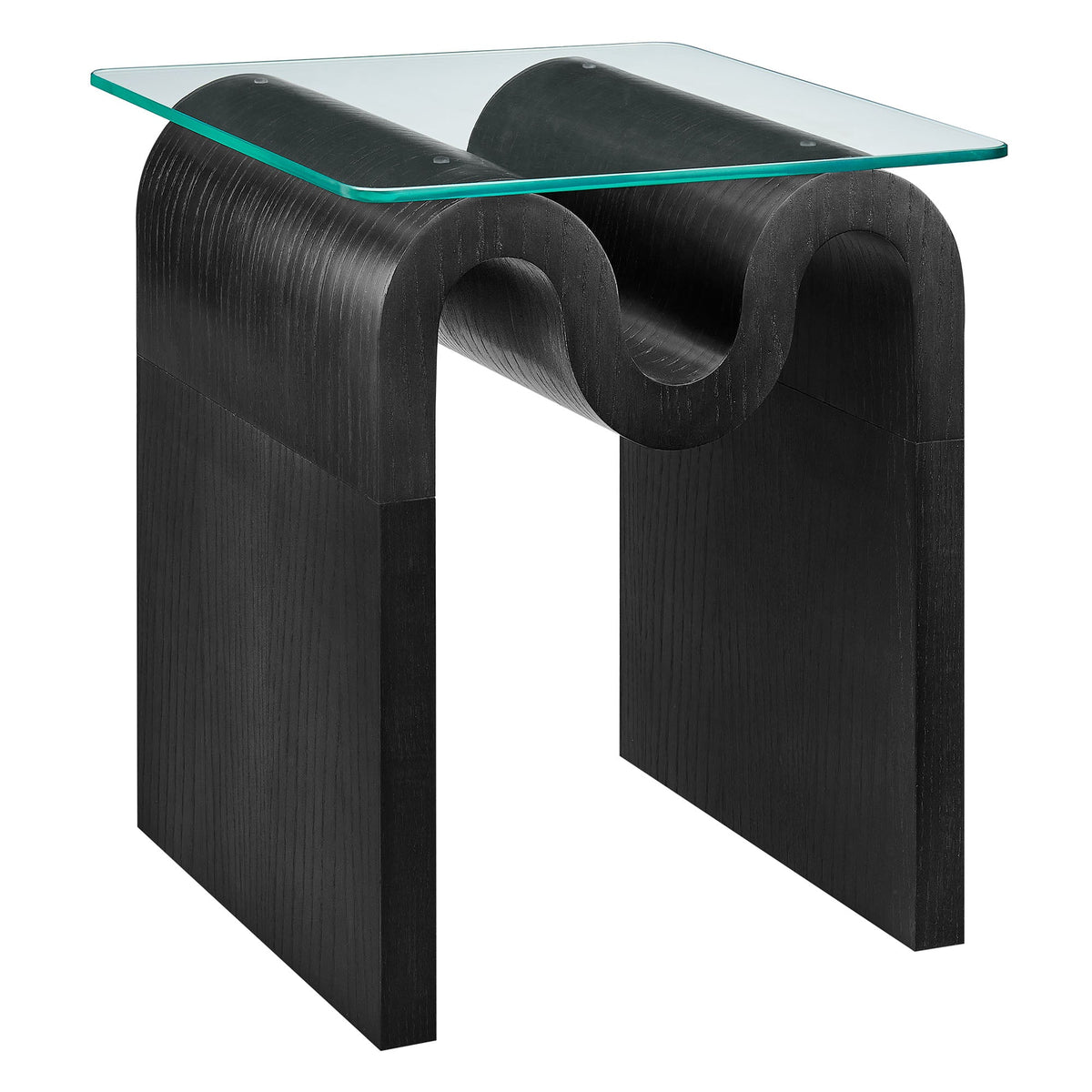 Ondine glass top side table with teal-edged glass atop black curved wood base by Modway on Tampa Home & Garden Store