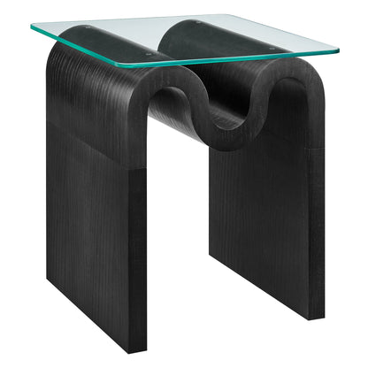 Ondine glass top side table with teal-edged glass atop black curved wood base by Modway on Tampa Home & Garden Store